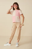 GY8546 Pink Girls Contrast Panel Jewel Studded Rib Knit Tee Full Body