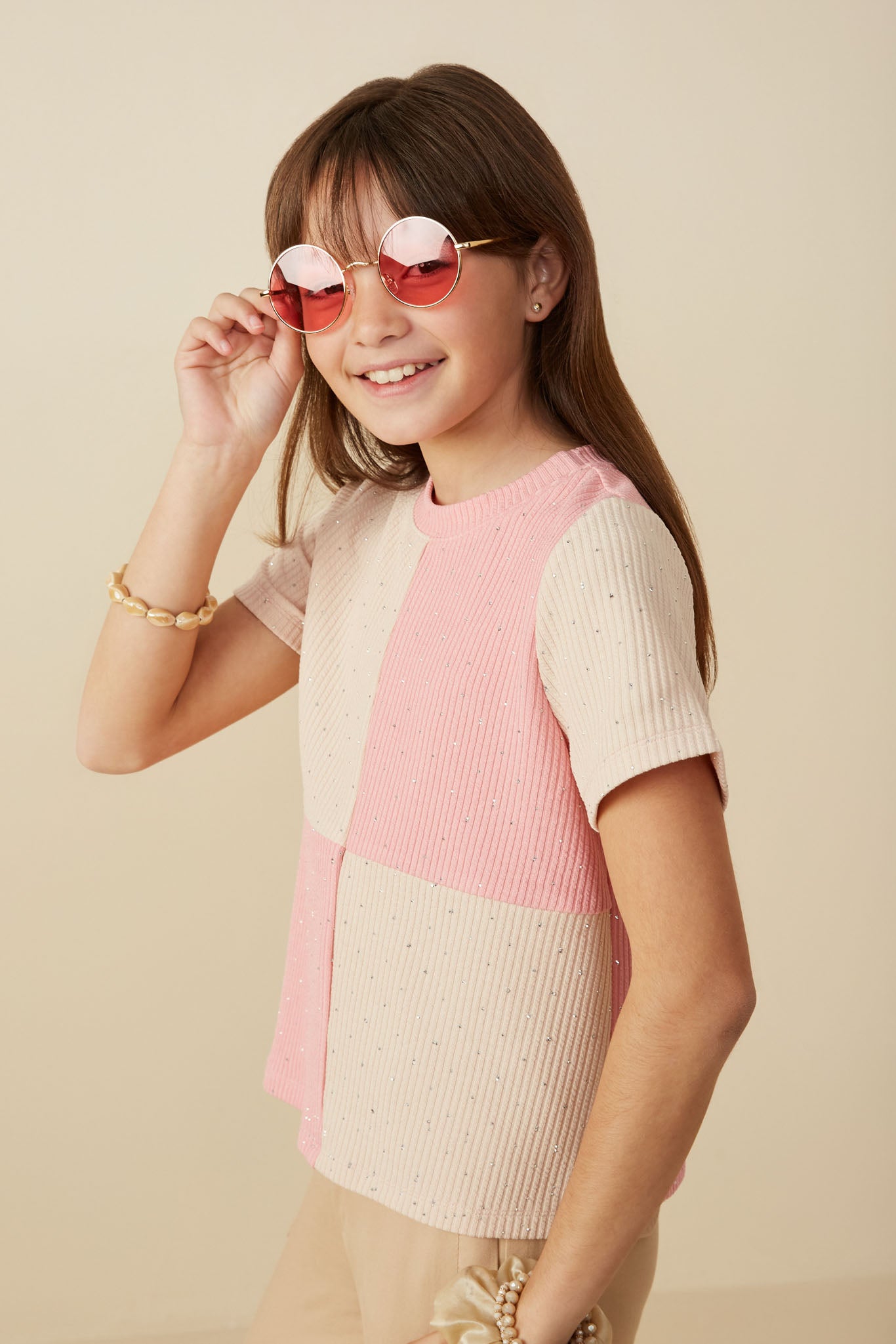 Girls Contrast Panel Jewel Studded Rib Knit Tee | Cute Girls