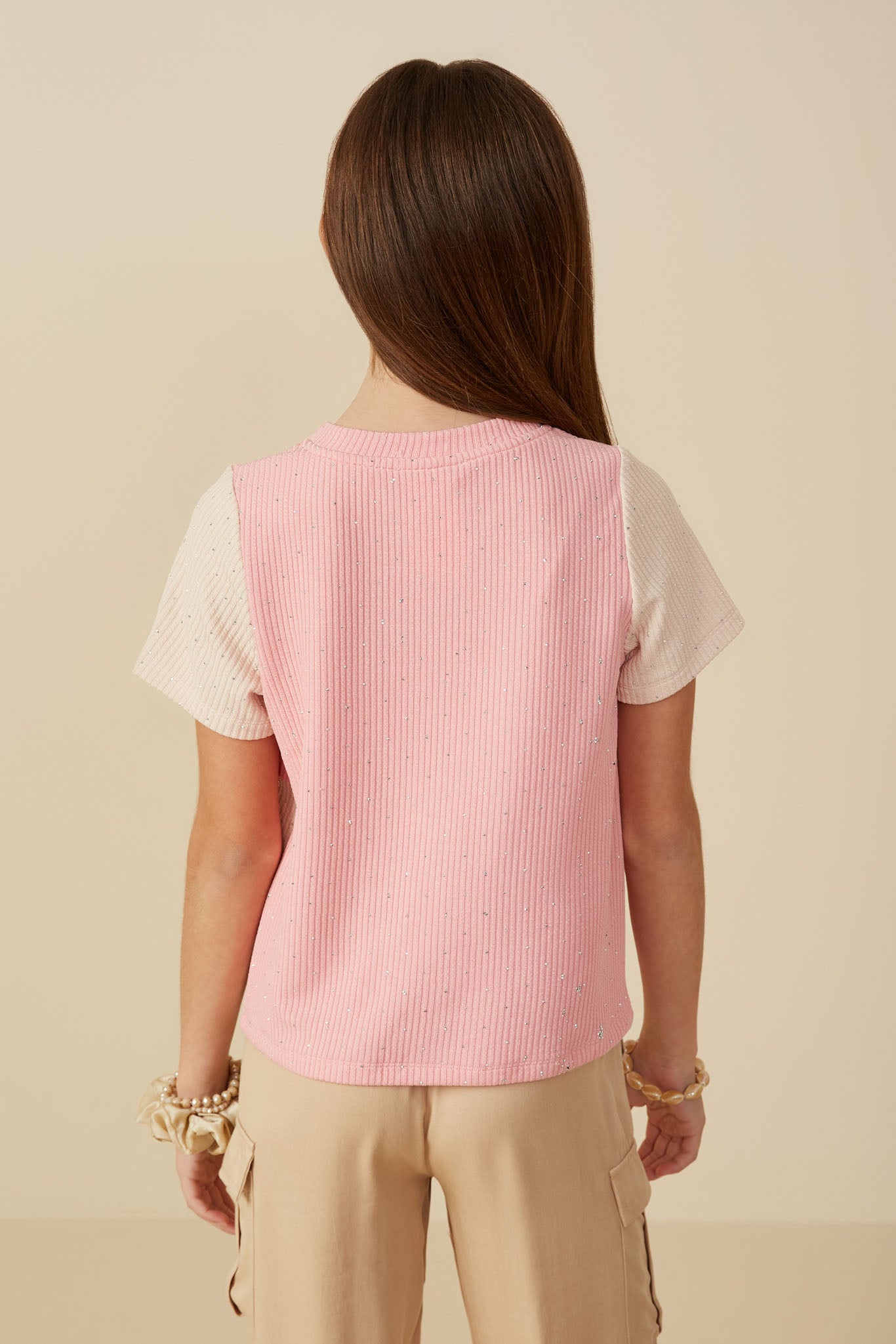 Girls Contrast Panel Jewel Studded Rib Knit Tee | Cute Girls
