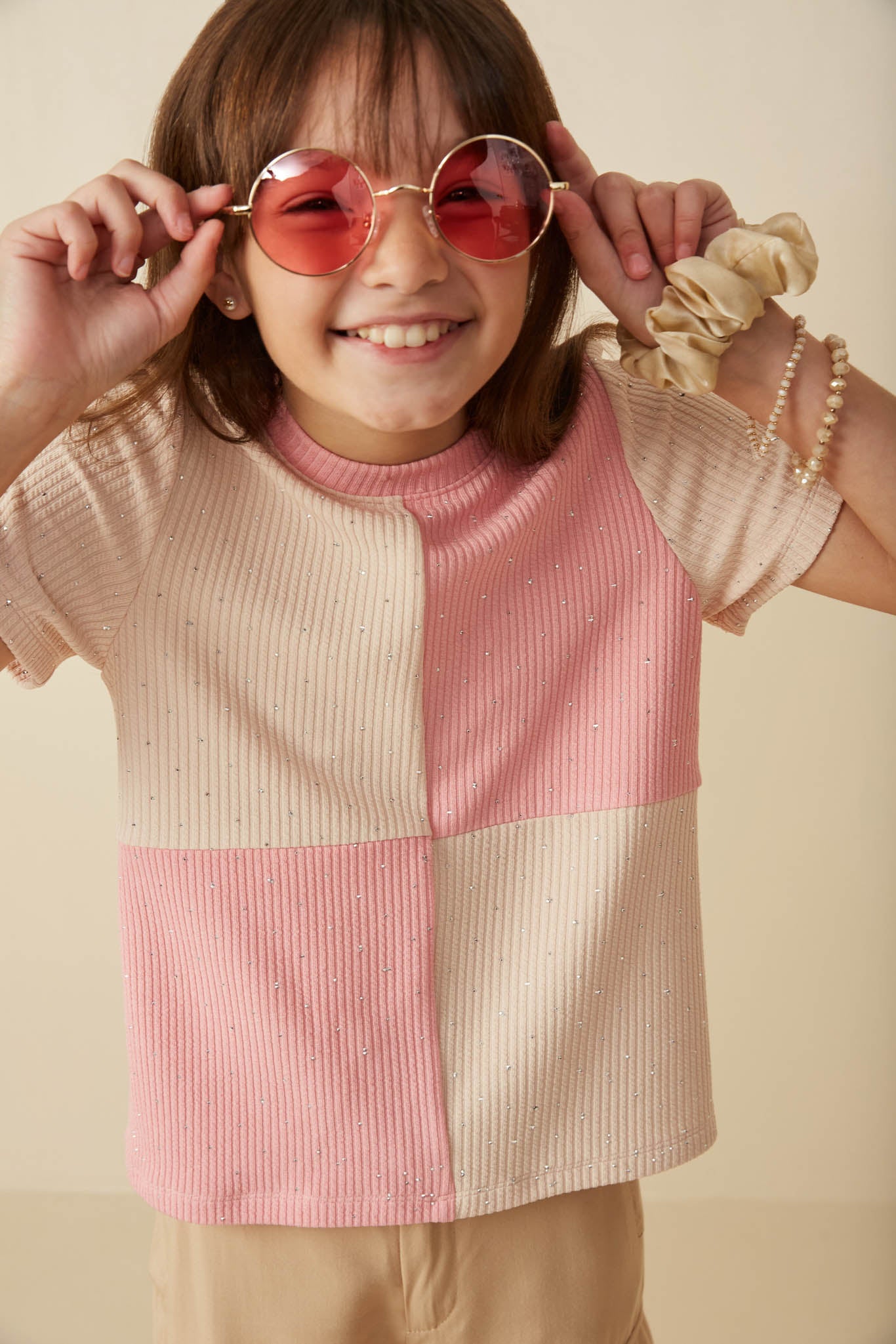 Girls Contrast Panel Jewel Studded Rib Knit Tee | Cute Girls
