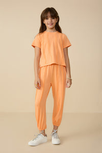 GY8562 Peach Girls Raw Edge Detailed French Terry Knit T Shirt Full Body