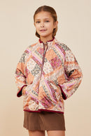 GY8579 Burgundy Girls Patch Print Quilted Light Padded Jacket Front