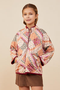 GY8579 Burgundy Girls Patch Print Quilted Light Padded Jacket Front