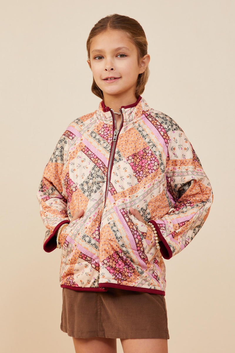 GY8579 Burgundy Girls Patch Print Quilted Light Padded Jacket Front