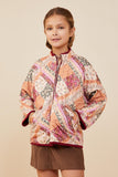 GY8579 Burgundy Girls Patch Print Quilted Light Padded Jacket Front