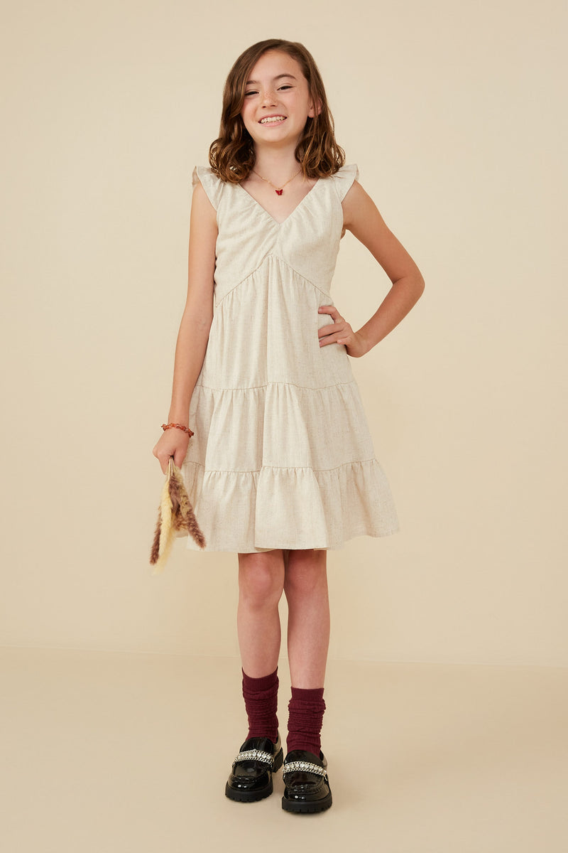 GY8595 Oatmeal Girls Heathered Linen Look Smocked Back Tank Dress