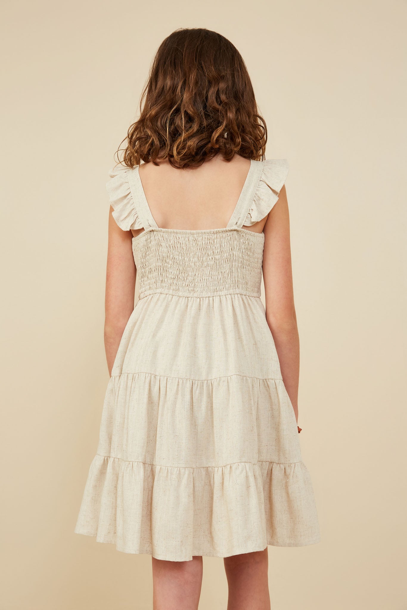 GY8595 Oatmeal Girls Heathered Linen Look Smocked Back Tank Dress