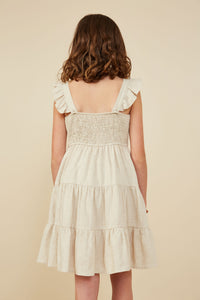 GY8595 Oatmeal Girls Heathered Linen Look Smocked Back Tank Dress