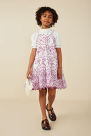 GY8601 Purple Girls Eyelet Embroidered Scallop Hem Tank Dress Pose