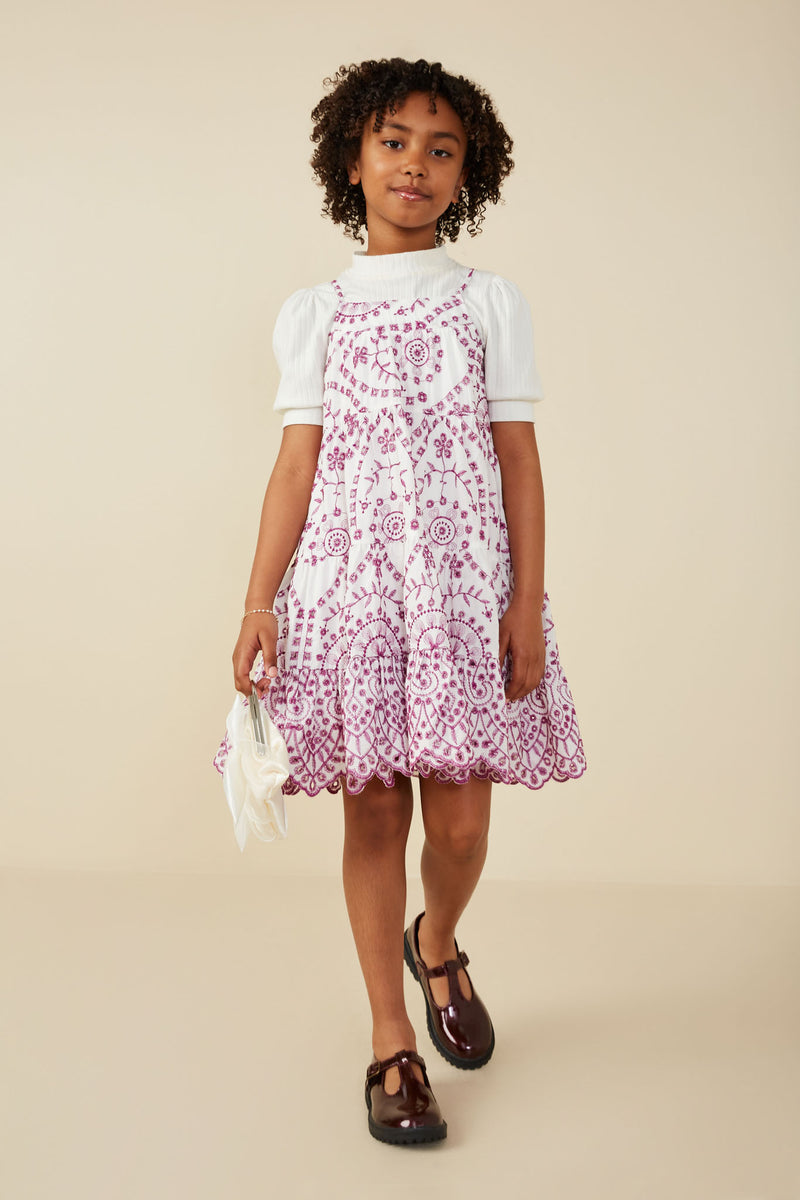 GY8601 Purple Girls Eyelet Embroidered Scallop Hem Tank Dress Pose