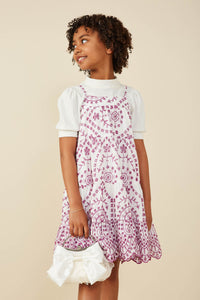 GY8601 Purple Girls Eyelet Embroidered Scallop Hem Tank Dress Front 2