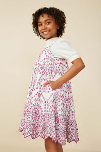 GY8601 Purple Girls Eyelet Embroidered Scallop Hem Tank Dress Side