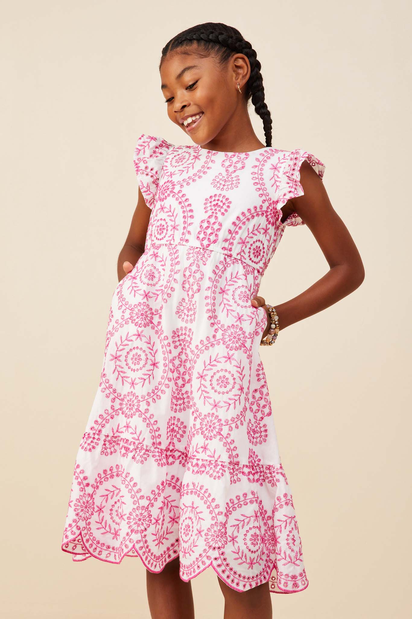 GY8603 Pink Girls Eyelet Embroidered Flutter Sleeve Scallop Hem Dress Front