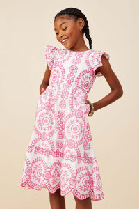 GY8603 Pink Girls Eyelet Embroidered Flutter Sleeve Scallop Hem Dress Front