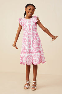 GY8603 Pink Girls Eyelet Embroidered Flutter Sleeve Scallop Hem Dress Pose