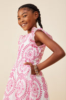 GY8603 Pink Girls Eyelet Embroidered Flutter Sleeve Scallop Hem Dress Side
