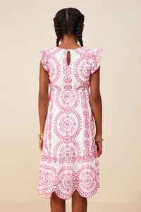 GY8603 Pink Girls Eyelet Embroidered Flutter Sleeve Scallop Hem Dress Back