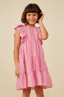 GY8610 Pink Girls Embroidered Ruffled Lace Sleeveless Dress Front