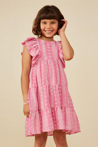 GY8610 Pink Girls Embroidered Ruffled Lace Sleeveless Dress Front