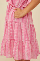 GY8610 Pink Girls Embroidered Ruffled Lace Sleeveless Dress Detail