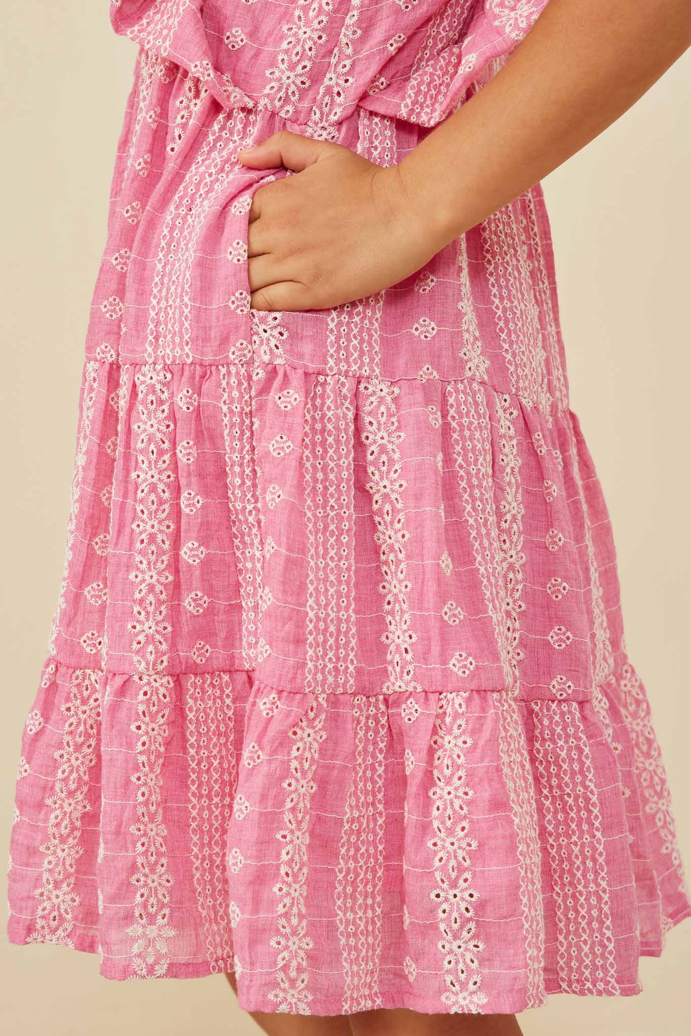 GY8610 Pink Girls Embroidered Ruffled Lace Sleeveless Dress Detail