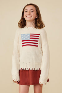 GY8614 Cream Girls Distressed Old Glory Graphic Sweater Front 2