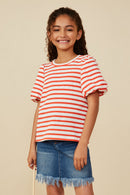 GY8617 Orange Girls Striped Terry Textured Puff Sleeve Knit Top Front