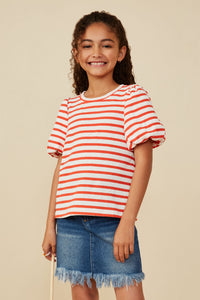GY8617 Orange Girls Striped Terry Textured Puff Sleeve Knit Top Front