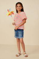 GY8617 Orange Girls Striped Terry Textured Puff Sleeve Knit Top Pose