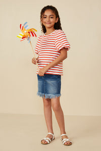 GY8617 Orange Girls Striped Terry Textured Puff Sleeve Knit Top Pose