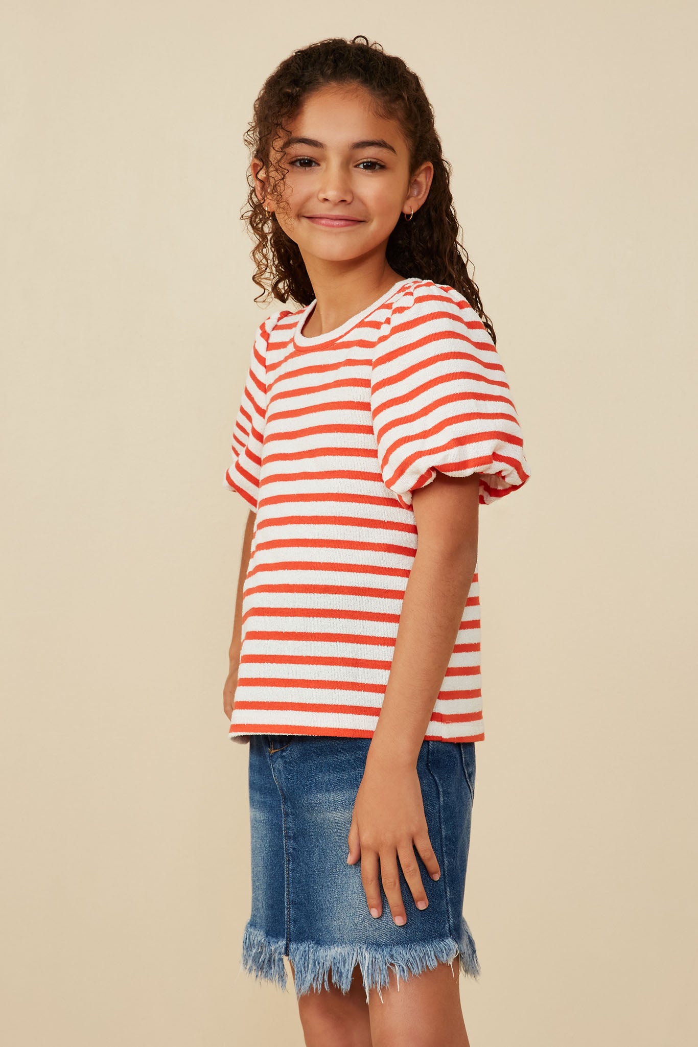 GY8617 Orange Girls Striped Terry Textured Puff Sleeve Knit Top Side