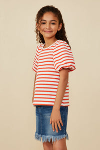 GY8617 Orange Girls Striped Terry Textured Puff Sleeve Knit Top Side