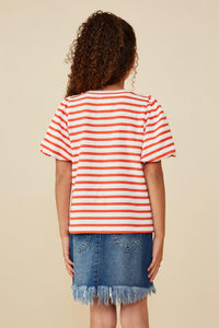 GY8617 Orange Girls Striped Terry Textured Puff Sleeve Knit Top Back