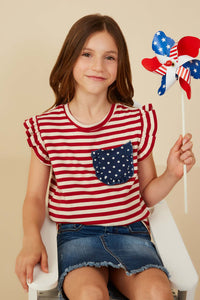 GY8620 Red Girls Star Pocket Striped Knit Ruffled Knit Tank Front