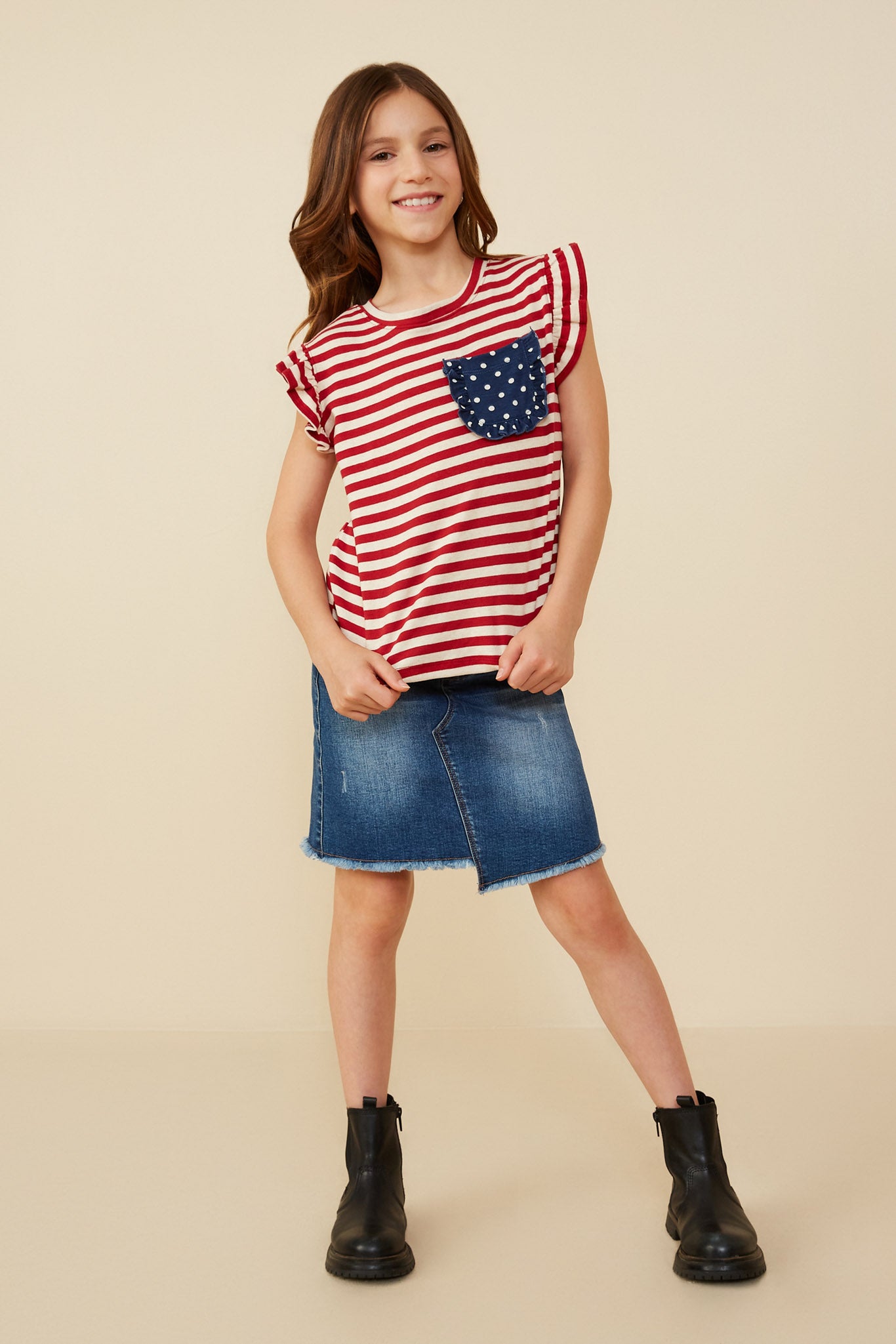 Star Pocket Striped Knit Ruffled Knit Tank