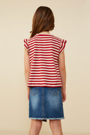 GY8620 Red Girls Star Pocket Striped Knit Ruffled Knit Tank Back