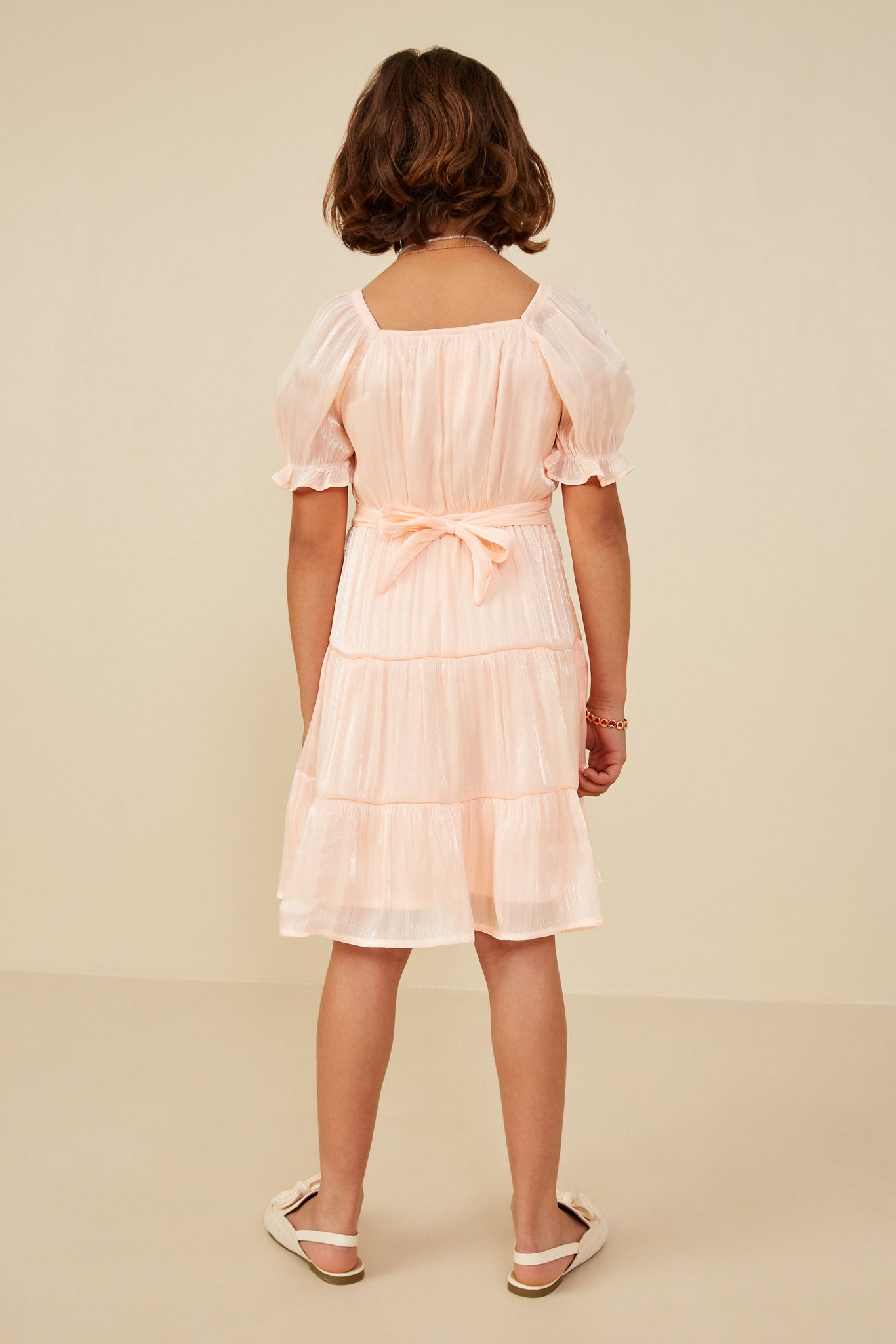 GY8623 Peach Girls Textured Shimmer Tie Detail Dress Back