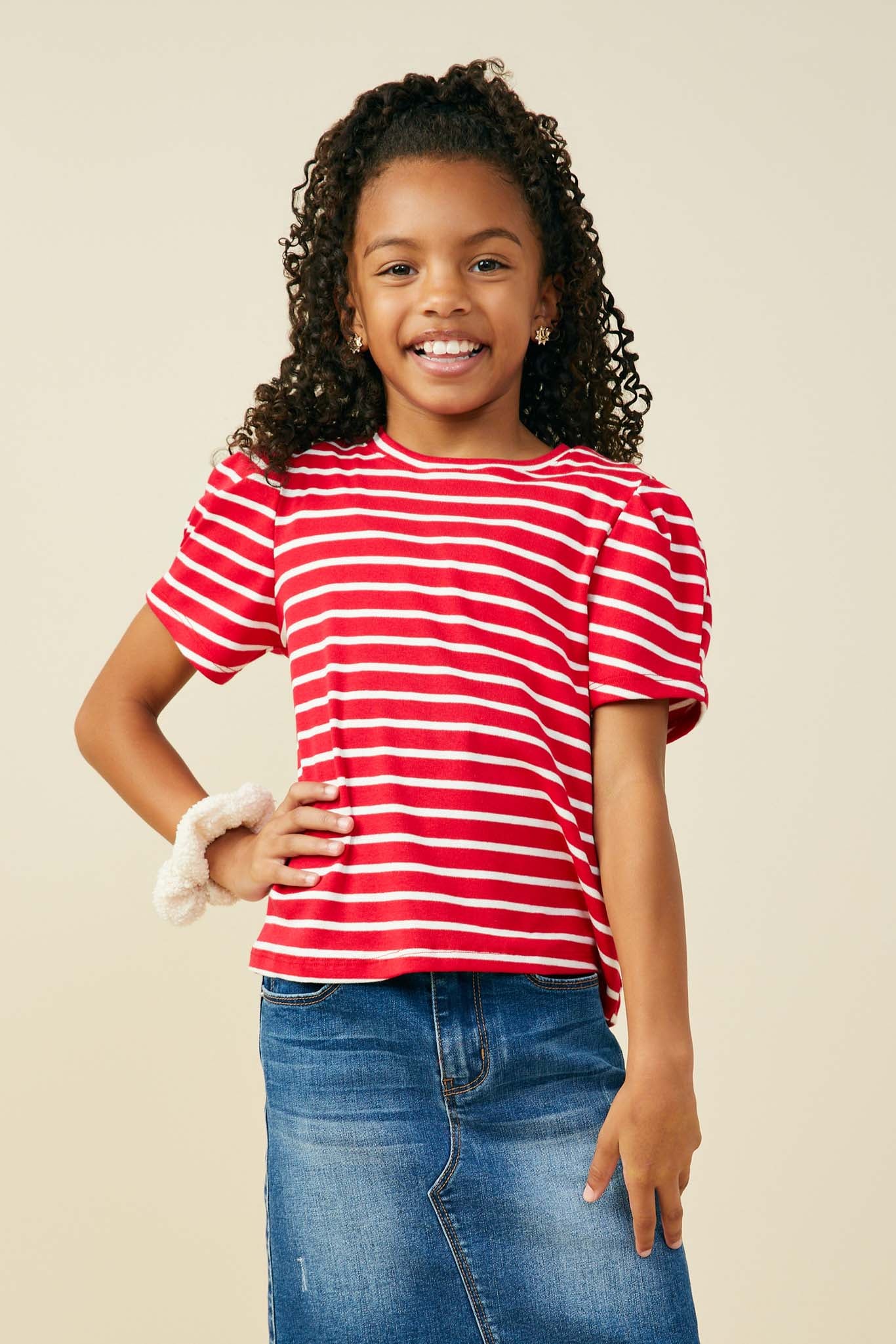 Pleated Puff Sleeve Stripe T Shirt