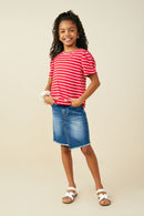 GY8631 Crimson Girls Pleated Puff Sleeve Stripe T Shirt Pose