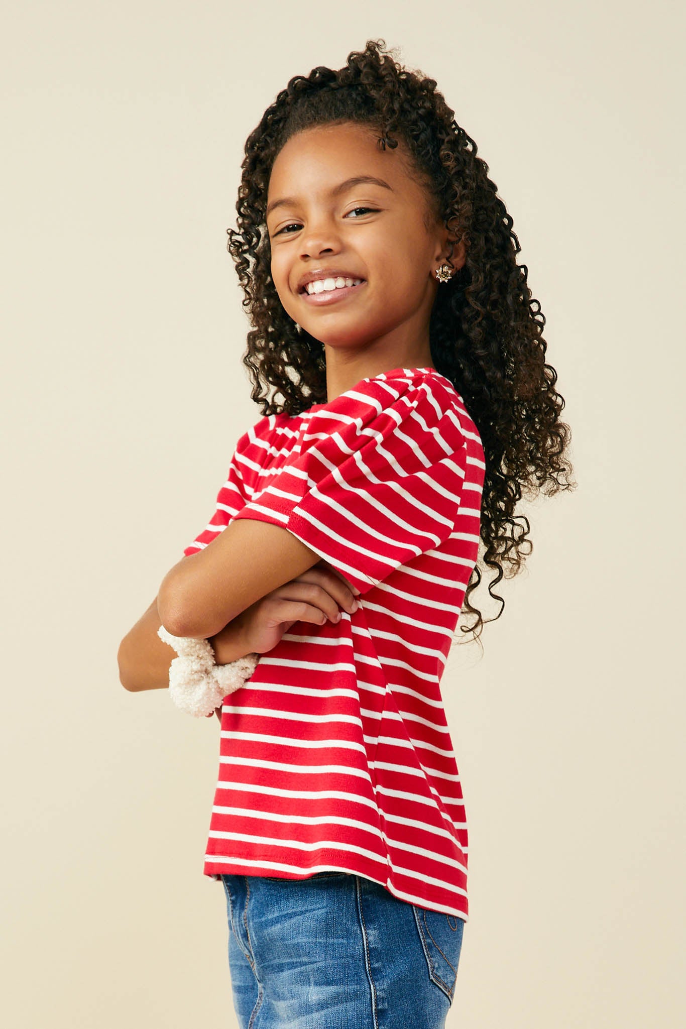 GY8631 Crimson Girls Pleated Puff Sleeve Stripe T Shirt Side
