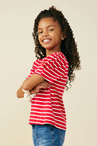 GY8631 Crimson Girls Pleated Puff Sleeve Stripe T Shirt Side