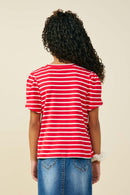 GY8631 Crimson Girls Pleated Puff Sleeve Stripe T Shirt Back