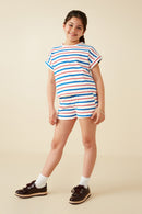 GY8636 Red Mix Girls Multi Stripe Dolman Terry Knit Top Full Body