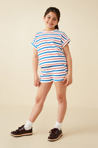 GY8636 Red Mix Girls Multi Stripe Dolman Terry Knit Top Full Body