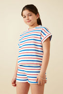 GY8636 Red Mix Girls Multi Stripe Dolman Terry Knit Top Side