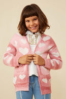 GY8644 Pink Girls Heart Knit Patch Pocket Sweater Cardigan Front