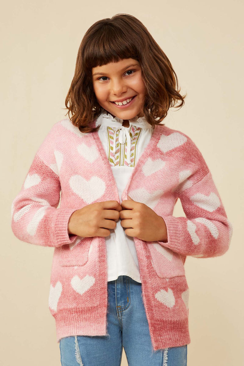 GY8644 Pink Girls Heart Knit Patch Pocket Sweater Cardigan Front