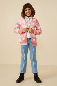 GY8644 Pink Girls Heart Knit Patch Pocket Sweater Cardigan Pose