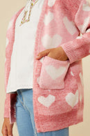 GY8644 Pink Girls Heart Knit Patch Pocket Sweater Cardigan Detail