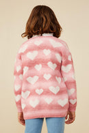 GY8644 Pink Girls Heart Knit Patch Pocket Sweater Cardigan Back